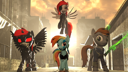 Size: 3840x2160 | Tagged: safe, artist:optimus97, rainbow dash, oc, oc:blackjack, oc:littlepip, oc:zephyr (silken breeze), cyborg, pony, unicorn, fallout equestria, g4, 3d, amputee, artificial wings, augmented, clothes, cybernetic legs, fanfic, fanfic art, female, glowing horn, gun, high res, horn, jumpsuit, level 4 (alicorn eclipse) (project horizons), levitation, magic, mare, mechanical wing, pipbuck, source filmmaker, telekinesis, vault suit, weapon, wings