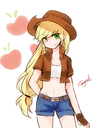 Size: 900x1125 | Tagged: safe, artist:r-1629, applejack, human, g4, belly button, clothes, daisy dukes, female, fingerless gloves, gloves, humanized, jacket, midriff, pixiv, solo, tank top