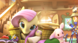 Size: 1920x1079 | Tagged: safe, artist:doge4ce, fluttershy, pegasus, pony, g4, 3d, behaving like a cat, cute, female, licking, looking at you, mare, prone, shyabetes, solo, source filmmaker, spread wings, stairs, star vs the forces of evil, tongue out, window, wings