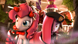 Size: 3840x2159 | Tagged: safe, artist:doge4ce, pinkie pie, g4, 3d, beret, candy apple, duality, happy tree friends, high res, knife, mouth hold, pinkamena diane pie, source filmmaker, sugarcube corner, tongue out