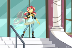 Size: 1500x1005 | Tagged: safe, artist:sintakhra, sunset shimmer, equestria girls, g4, my little pony equestria girls: friendship games, canterlot high, clothes, deleted scene, female, homesick shimmer, pants, reflection, scene interpretation, solo, song, what more is out there