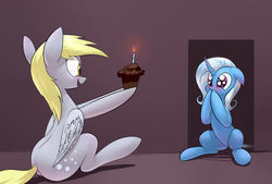 Size: 1748x1181 | Tagged: safe, artist:underpable, derpy hooves, trixie, pegasus, pony, unicorn, g4, birthday, blushing, candle, female, mare, muffin