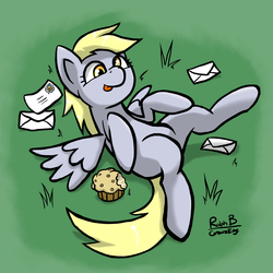 Size: 2836x2836 | Tagged: safe, artist:corsairsedge, derpy hooves, pegasus, pony, g4, :p, cute, female, high res, letter, mail, mare, muffin, on back, smiling, solo, spread wings, tongue out
