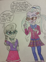 Size: 2988x3984 | Tagged: safe, artist:dcb2, artist:dcb2art, silver spoon, sugarcoat, equestria girls, g4, my little pony equestria girls: friendship games, cute, dialogue, drawing, glasses, high res, photo, traditional art