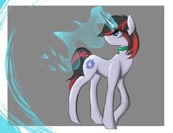 Size: 1248x960 | Tagged: safe, oc, oc only, oc:quantum shift, pony, unicorn, collar, magic, solo, standing