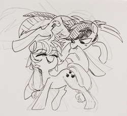 Size: 1280x1179 | Tagged: safe, artist:glacierclear, applejack, rainbow dash, g4, applejack's hat, eyes closed, grayscale, hat, lineart, monochrome, mouth hold, open mouth, raised hoof, sketch, traditional art