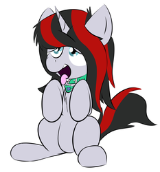 Size: 896x960 | Tagged: safe, artist:starry5643, oc, oc only, oc:quantum shift, pony, unicorn, belly, charm, collar, pet play, solo, tongue out