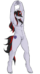 Size: 520x960 | Tagged: safe, artist:winter green, oc, oc only, oc:quantum shift, anthro, unguligrade anthro, armpits, barbie doll anatomy, featureless crotch, male, solo, standing, stretching