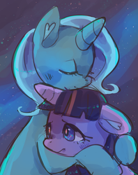 Size: 1280x1613 | Tagged: safe, artist:cherivinca, trixie, twilight sparkle, pony, unicorn, g4, comforting, eyes closed, female, hug, lesbian, mare, ship:twixie, shipping