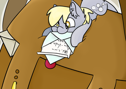 Size: 4093x2894 | Tagged: safe, artist:cutepencilcase, derpy hooves, pegasus, pony, g4, ear fluff, female, letter, mare, micro, mouth hold, pocket pony, solo