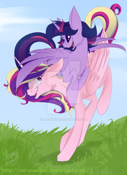 Size: 600x824 | Tagged: dead source, safe, artist:mirunacipsi, princess cadance, twilight sparkle, alicorn, pony, g4, duo, female, mare, sisters-in-law, smiling, twilight sparkle (alicorn), watermark