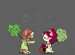 Size: 800x585 | Tagged: safe, artist:mirunacipsi, cherry jubilee, granny smith, g4, apple, apple tree, cherry, cherry tree, simple background, tail bow, tree, young granny smith, younger