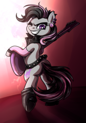 Size: 740x1050 | Tagged: safe, artist:licora, octavia melody, earth pony, pony, g4, bipedal, earring, electric guitar, female, grin, guitar, musical instrument, piercing, rock (music), rocktavia, solo, wink