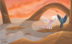 Size: 900x557 | Tagged: safe, artist:glacialfalls, princess celestia, princess luna, g4, beach, cloud, orange sky, pink mane, pink-mane celestia, rock, s1 luna, scenery, spread wings, sunset, water