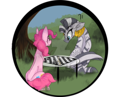 Size: 1024x817 | Tagged: dead source, safe, artist:mirunacipsi, pinkie pie, zecora, zebra, g4, checkmate, chess, deviantart watermark, obtrusive watermark, watermark