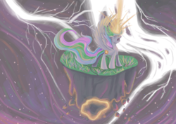 Size: 900x636 | Tagged: safe, artist:glacialfalls, princess celestia, g4, crying, eyes closed, female, lightning, magic, open mouth, solo, spread wings