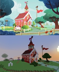 Size: 762x936 | Tagged: safe, screencap, g4, brohoof.com, fence, flag, minecraft, ponyville schoolhouse, sign, swing, tree