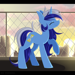 Size: 1024x1024 | Tagged: safe, artist:ten-dril, minuette, pony, unicorn, g4, :t, cute, eyes closed, female, fence, mare, minubetes, nose wrinkle, raised hoof, smiling, solo, sunrise