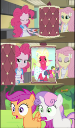 Size: 605x1024 | Tagged: safe, big macintosh, cherry berry, fluttershy, pinkie pie, scootaloo, sweetie belle, brotherhooves social, equestria girls, g4, my little pony equestria girls: friendship games, my little pony: friendship is magic, bloomers, discovery family logo, exploitable meme, inside the cake meme, meme, orchard blossom