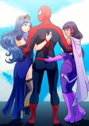 Size: 2480x3507 | Tagged: safe, artist:kirael-art, princess luna, twilight sparkle, human, spiders and magic: rise of spider-mane, g4, amethyst sorceress, bottomless, clothes, commission, crossover, dress, high res, humanized, male, no panties, peter parker, spider-man, spiderluna, spidertwi