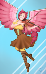 Size: 900x1437 | Tagged: safe, artist:yay-123, oc, oc only, oc:sweetcake, human, clothes, commission, eared humanization, humanized, musical instrument, smiling, solo, sweetcake, tailed humanization, violin, winged humanization