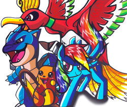 Size: 572x481 | Tagged: safe, artist:aurora-chiaro, rainbow dash, blastoise, ho-oh, raichu, g4, crossover, pokémon, traditional art