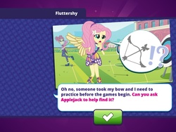 Size: 1024x768 | Tagged: safe, fluttershy, sour sweet, equestria girls, equestria girls (app), g4, my little pony equestria girls: friendship games, app, arrow, bow (weapon), bow and arrow, official app, stealing, target, wings