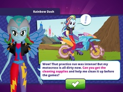 Size: 1024x768 | Tagged: safe, rainbow dash, equestria girls, equestria girls (app), g4, my little pony equestria girls: friendship games, alternate hairstyle, app, dirty, high heels, motocross outfit, motorcross, motorcycle