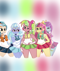 Size: 760x901 | Tagged: safe, artist:pandanx12, indigo zap, lemon zest, sour sweet, sugarcoat, sunny flare, ask the shadowbolts, equestria girls, g4, my little pony equestria girls: friendship games, alternate clothes, clothes, cosplay, costume, crystal prep academy, crystal prep shadowbolts, looking at you, sailor moon (series), sailor senshi, shadow five, wink