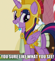 Size: 970x1078 | Tagged: safe, edit, edited screencap, screencap, twilight sparkle, alicorn, pony, g4, scare master, armor, armor skirt, athena sparkle, butt, clothes, costume, cropped, female, image macro, like what you see?, mare, meme, plot, skirt, skirt lift, solo, tail upskirt, technically an upskirt shot, twibutt, twilight sparkle (alicorn), upskirt