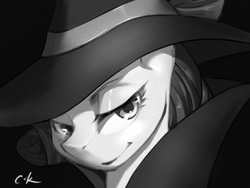 Size: 1000x750 | Tagged: safe, artist:cassiel, rarity, g4, rarity investigates, bedroom eyes, clothes, detective, detective rarity, female, hat, looking at you, monochrome, noir, smiling, solo