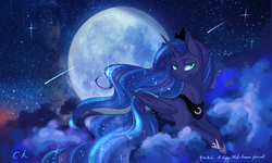Size: 1280x768 | Tagged: safe, artist:cassiel, princess luna, bedroom eyes, cloud, cloudy, female, looking at you, moon, night, night sky, prone, shooting star, shooting stars, sky, smiling, solo, stars