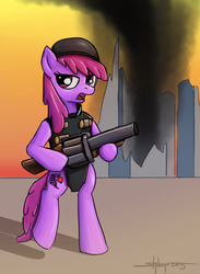 Size: 732x1000 | Tagged: safe, artist:shikogo, berry punch, berryshine, earth pony, pony, g4, bipedal, crossover, demoberry, demoman, demoman (tf2), drunk, female, grenade launcher, hat, solo, team fortress 2, weapon