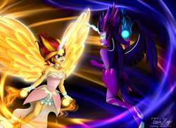 Size: 1024x745 | Tagged: safe, artist:teammagix, sci-twi, sunset shimmer, twilight sparkle, equestria girls, g4, my little pony equestria girls: friendship games, artificial wings, augmented, clothes, dark magic, daydream shimmer, dress, duo, face to face, fight, glowing eyes, high heels, horn, magic, magic wings, midnight sparkle, necklace, open mouth, orbs, signature, skirt, wings