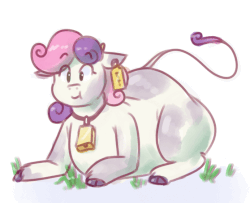 Size: 692x563 | Tagged: safe, artist:secretgoombaman12345, sweetie belle, cow, ask chubby diamond, g4, animated, bell, bell collar, chewing, collar, cowbell, cowbelle, cowified, digital art, ear tag, female, solo, species swap