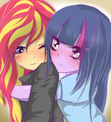 Size: 787x868 | Tagged: safe, artist:clownpoisson, sunset shimmer, twilight sparkle, equestria girls, g4, female, hug from behind, lesbian, ship:sunsetsparkle, shipping