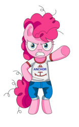 Size: 800x1280 | Tagged: safe, artist:sparklesthestarfox, pinkie pie, pony, g4, bipedal, clothes, crossover, female, filly, gritted teeth, hand on hip, looking at you, monkey d. luffy, one piece, shirt, simple background, solo, transparent background, underhoof
