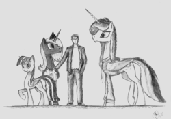 Size: 6590x4579 | Tagged: safe, artist:radiatingcalm, princess celestia, princess luna, twilight sparkle, alicorn, human, pony, g4, absurd resolution, clothes, female, gray background, grayscale, hoodie, human male, male, mare, monochrome, pencil drawing, raised hoof, simple background, size comparison, traditional art, twilight sparkle (alicorn)