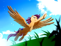 Size: 1500x1148 | Tagged: safe, artist:skyeypony, scootaloo, g4, female, flying, open mouth, scootaloo can fly, sky, smiling, solo, spread wings, underhoof