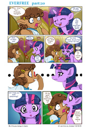 Size: 6611x9344 | Tagged: safe, artist:jeremy3, twilight sparkle, oc, oc:trissie, alicorn, pony, comic:everfree, g4, absurd resolution, awkward silence, clothes, comic, dialogue, door, duo, female, glasses, hiccup, looking at each other, mare, onomatopoeia, twilight sparkle (alicorn), twilight's castle