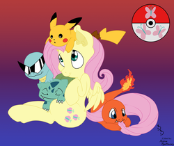 Size: 800x673 | Tagged: safe, artist:anime-apothecary, artist:dfectivedvice, fluttershy, bulbasaur, charmander, pikachu, squirtle, g4, pokémon