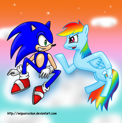 Size: 1140x1145 | Tagged: safe, artist:migueruchan, rainbow dash, g4, cloud, cloudy, crossover, duo, hoofwrestle, male, match, sonic the hedgehog, sonic the hedgehog (series), wrestling