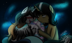 Size: 2000x1200 | Tagged: safe, artist:scarlett-letter, princess celestia, oc, oc:satiric write, oc:scarlett letter, alicorn, pony, unicorn, g4, alicorn oc, blushing, body pillow, celestia's pillow, female, green eyes, happy, kill me, male, night, oc x oc, pillow, princess, shipping, stars, straight