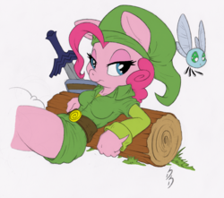 Size: 1000x882 | Tagged: dead source, safe, artist:dfectivedvice, color edit, pinkie pie, parasprite, anthro, g4, color, colored, crossover, duo, female, gray background, hat, link, log, navi, on back, paraspritized, simple background, species swap, sword, the legend of zelda, tunic