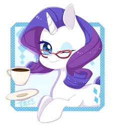 Size: 1000x1078 | Tagged: safe, artist:dun, rarity, g4, coffee, cup, female, glasses, solo