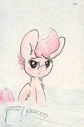 Size: 686x1036 | Tagged: safe, artist:slightlyshade, scootaloo, pegasus, pony, g4, blushing, female, solo, traditional art