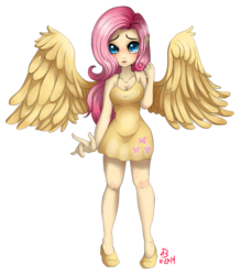Size: 1280x1464 | Tagged: safe, artist:senpaimisskitty, fluttershy, human, g4, cleavage, clothes, cute, dress, female, freckles, humanized, looking at you, signature, simple background, solo, transparent background, winged humanization