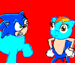 Size: 300x250 | Tagged: safe, artist:john why, rainbow dash, pony, g4, 1000 hours in ms paint, crossover, drawception, head swap, male, ms paint, sega, simple background, sonic the hedgehog, sonic the hedgehog (series)