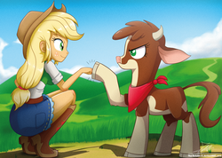Size: 1370x976 | Tagged: safe, artist:the-butch-x, applejack, arizona (tfh), cow, them's fightin' herds, equestria girls, g4, bandana, clothes, cloven hooves, community related, crossover, crouching, denim skirt, duo, female, fist bump, hoofbump, signature, skirt