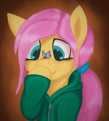 Size: 1006x1120 | Tagged: safe, artist:corvostawr, fluttershy, butterfly, g4, alternate hairstyle, bust, butterfly on nose, clothes, colored pupils, female, hoodie, insect on nose, looking at something, ponytail, solo